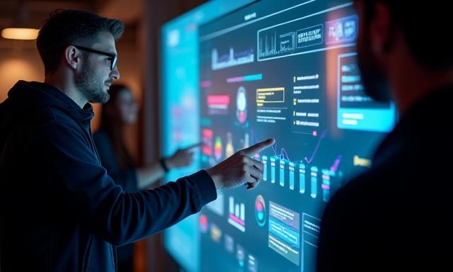 Persone che collaborano su un monitor touch con elementi interattivi