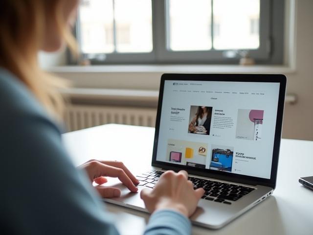 Persona mentre cura un portfolio digitale su un laptop, con layout ordinati e grafiche accattivanti.